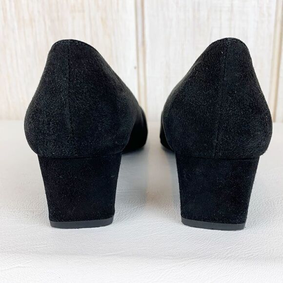 Stuart Weitzman Black Suede Low Heels Tortoise  Patent Toe Cap 8 Narrow - Picture 5 of 13